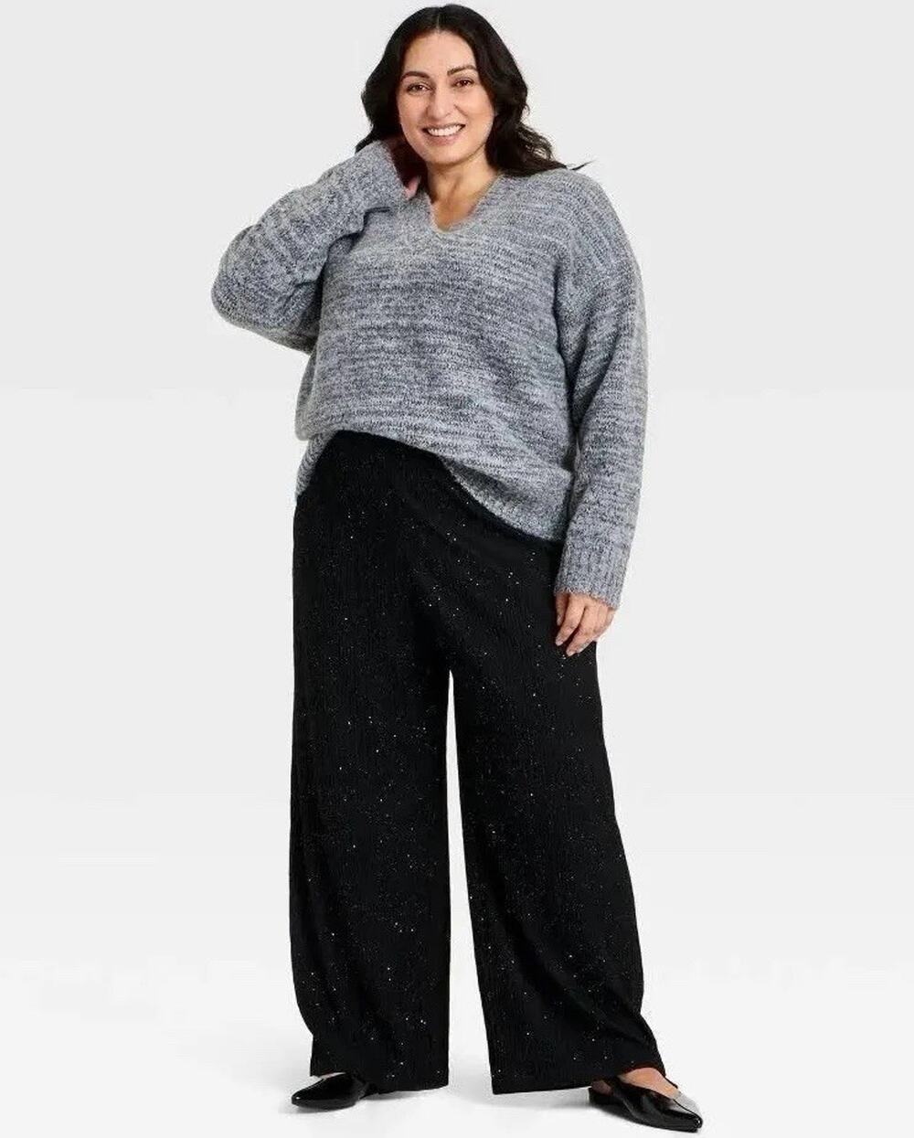 Women's High-Rise Sparkle Wide Leg Pull-On Pants - Ava & Viv Black 2X
